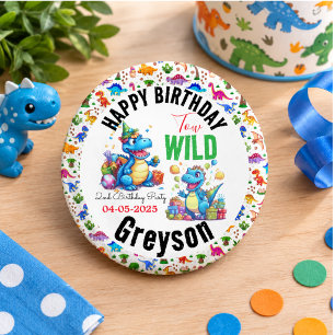 Two Wild Dino Party Boy Dinosaur 2nd Birthday 1 Inch Round Button