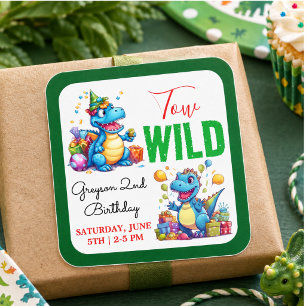 Two Wild Dino Party Boy Dinosaur 2nd Birthday Square Sticker
