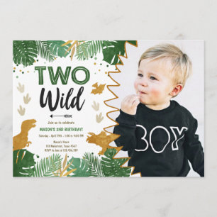 Two Wild Dino Party Boy Gold Dinosaur 2nd Birthday Invitation