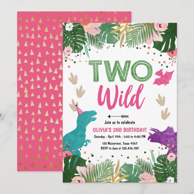 Two Wild Dino Party Girl Pink Dinosaur Birthday Invitation (Front/Back)