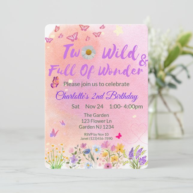 "Two Wild & Full of Wonder" Second Birthday Invitation (Standing Front)