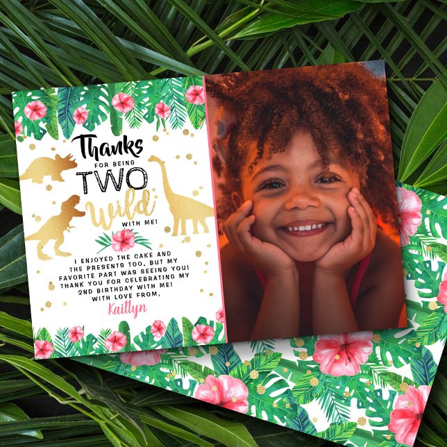 Two Wild Girls Dinosaur Second Birthday Photo Thank You Card (Creator Uploaded)