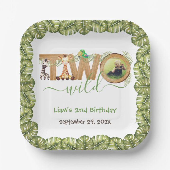 Two Wild Jungle Animals Photo Wood Second Birthday Paper Plate (Front)