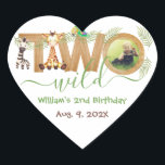 Two Wild Jungle Animals Wood Giraffe Zebra Photo Heart Sticker<br><div class="desc">For a second birthday party with Two Wild / jungle / safari animals theme. The word TWO is from wood letters. Inside the O there is a round placeholder photo of a boy. around the other wood letters there are animals and palm leaves: a zebra and a giraffe under T,...</div>