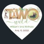 Two Wild Jungle Animals Wood Giraffe Zebra Photo Heart Sticker<br><div class="desc">For a second birthday party with Two Wild / jungle / safari animals theme. The word TWO is from wood letters. Inside the O there is a round placeholder photo of a boy. around the other wood letters there are animals and palm leaves: a zebra and a giraffe under T,...</div>