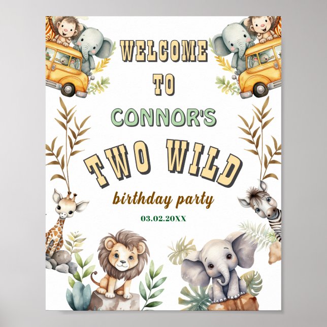 Two Wild jungle first birthday party Welcome sign (Front)