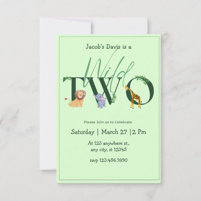 Two Wild Jungle Greenery 2nd Birthda invitatation RSVP Card (Front)