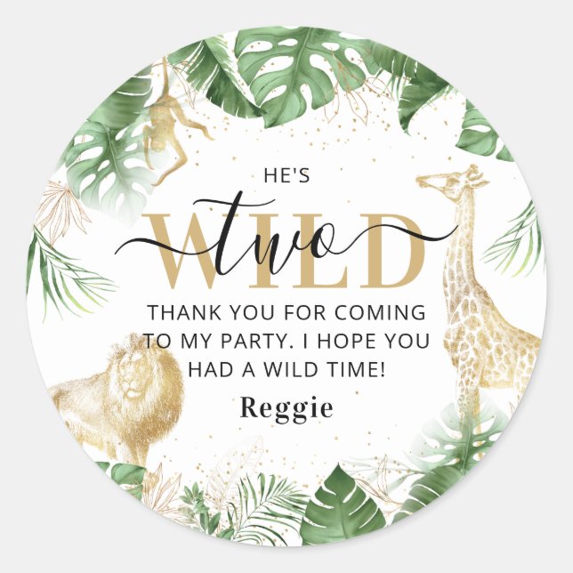 Two Wild Jungle Greenery & Gold Thank You Birthday Classic Round Sticker (Front)