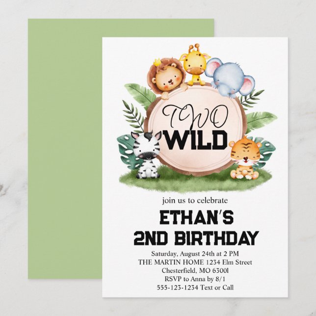 Two Wild Jungle Safari Animals 2nd Birthday Party  Invitation (Front/Back)