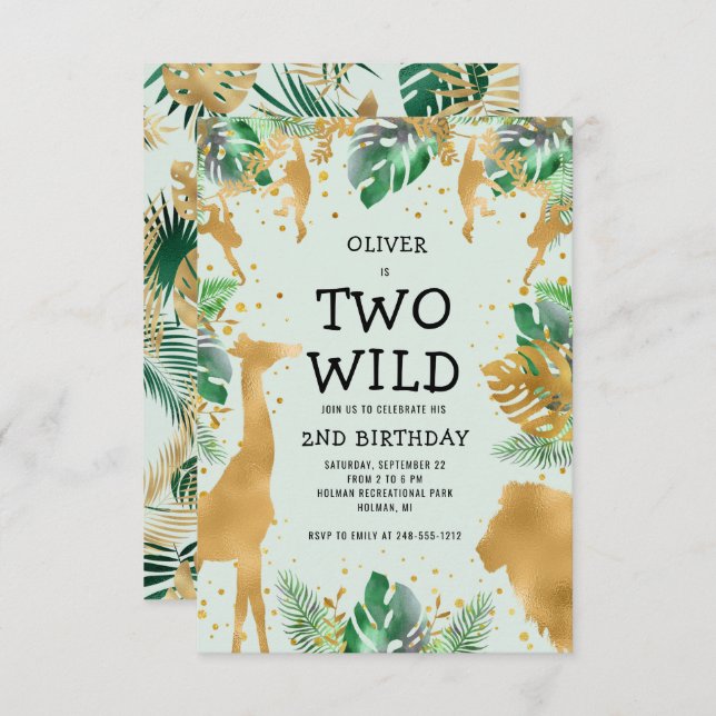 Two Wild Jungle Safari Green Gold 2nd Birthday Invitation (Front/Back)