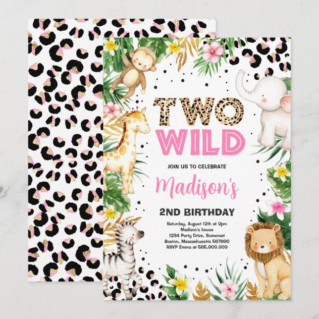 Two Wild Leopard Print Safari Animals 2nd Birthday Invitation (Front/Back)
