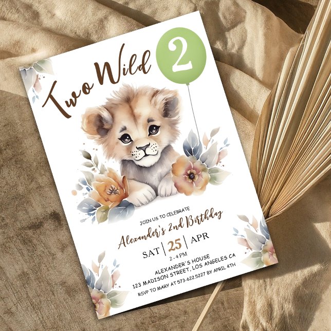 Two Wild Lion Sage Green Balloon 2nd Birthday Boy Invitation (Creator Uploaded)