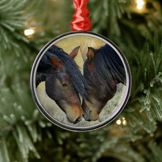 Two Wild Mahogany Bay Horses Touching Noses Metal Ornament (Tree)