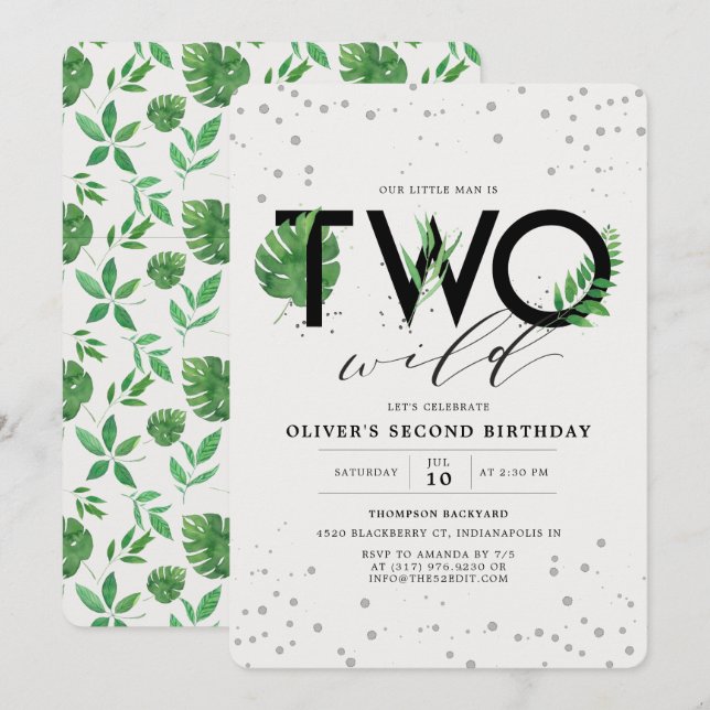 Two Wild Modern Tropical Greenery 2nd Birthday Invitation (Front/Back)