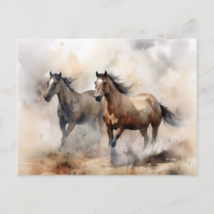 “Two Wild Mustangs ” Dusty Western Watercolour Postcard