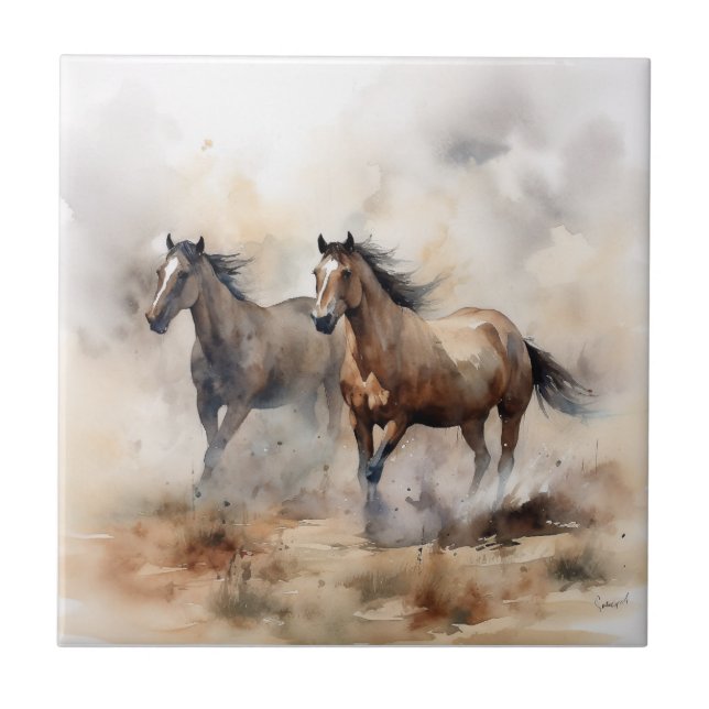 “Two Wild Mustangs ” Dusty Western Watercolour Tile (Front)