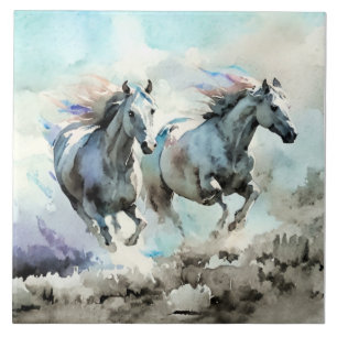 Two Wild Mustangs Race Against the Wind Tile