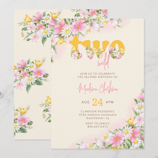 Two Wild Mustard & Pink Wildflower Birthday Invita Invitation (Front/Back)