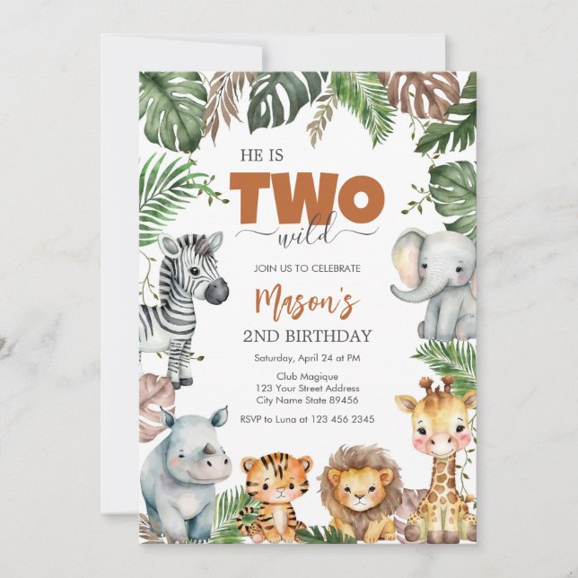 Two Wild Party Animals Kids 2nd Birthday Invitation (Front)