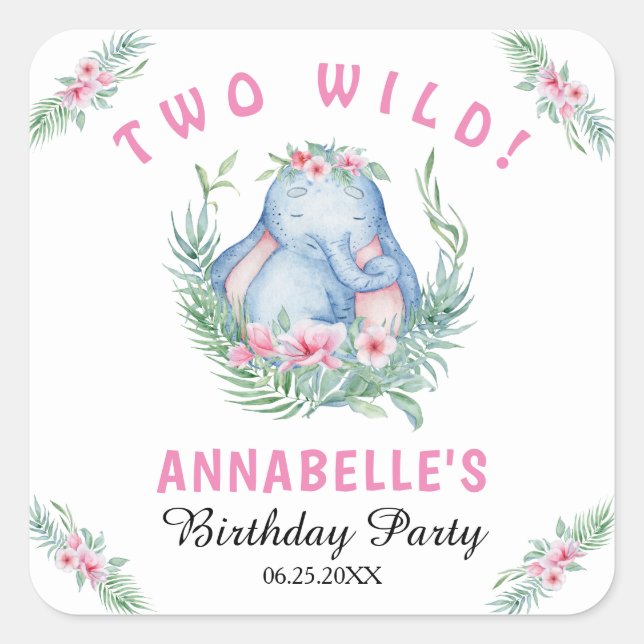 Two Wild Pink Elephant Girl's 2nd Birthday Square  Sticker (Front)