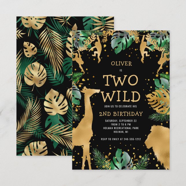 Two Wild Safari 2nd Birthday Black Green Gold Invitation (Front/Back)
