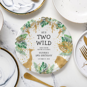 Two Wild Safari 2nd Birthday Party Green Gold Paper Plate