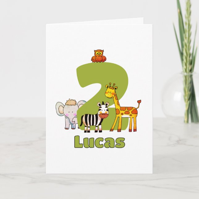 Two Wild Safari Animals 2nd Birthday Custom Name Card (Front)