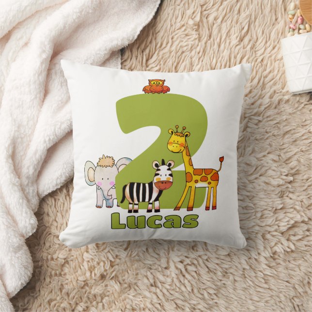 Two Wild Safari Animals 2nd Birthday Custom Name Throw Pillow (Blanket)