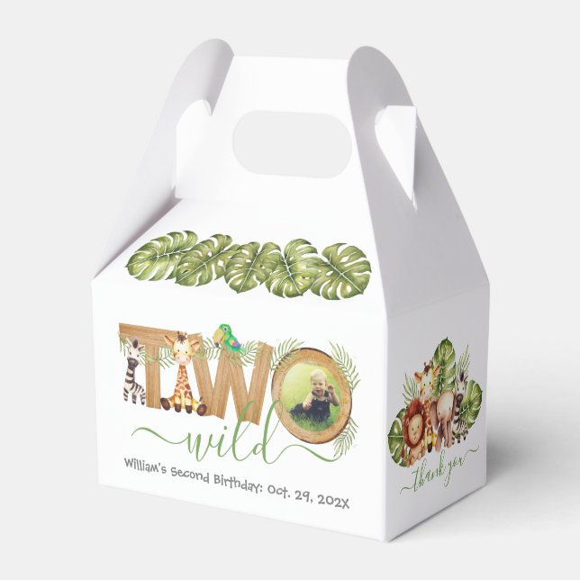 Two Wild Safari Animals 2nd Birthday Jungle Photo Favor Box (Front Side)