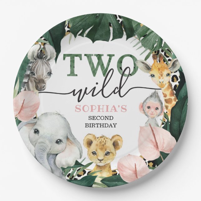 Two Wild Safari Animals 2nd Birthday Paper Plates (Front)