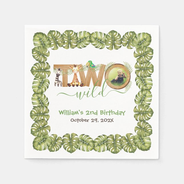 Two Wild Safari Animals 2nd Birthday Party Photo  Napkin (Front)