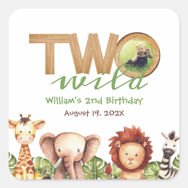 Two Wild Safari Animals 2nd Birthday Photo Wood  Square Sticker (Front)