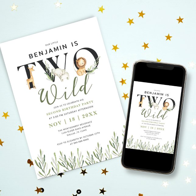 Two Wild Safari Animals Boy 2nd Birthday Party Invitation (Creator Uploaded)