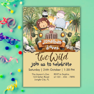 Two Wild Safari Animals Driving Car 2nd Birthday  Invitation