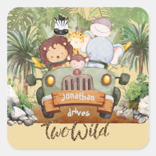 Two Wild Safari Animals Driving Car 2nd Birthday  Square Sticker