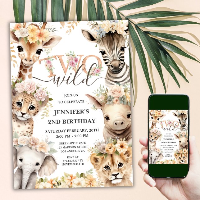 TWO Wild Safari Animals Girl 2nd Birthday  Invitation (Creator Uploaded)