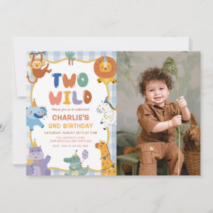 TWO WILD Safari Animals Kids 2nd Birthday Photo Invitation
