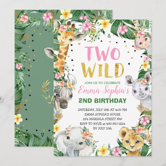 Two Wild Safari Birthday Invitation (Front/Back)
