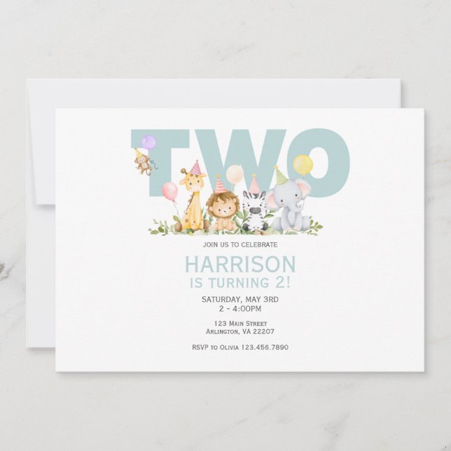 TWO Wild Safari Birthday Invitation – 2nd Birthday (Front)
