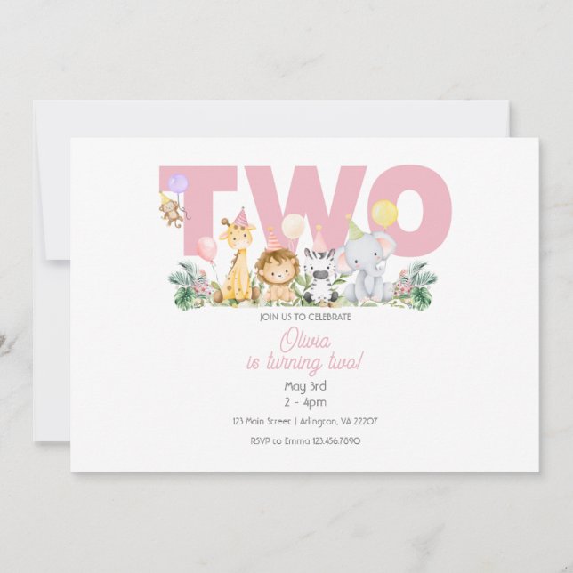 TWO Wild Safari Birthday Invitation – 2nd Birthday (Front)