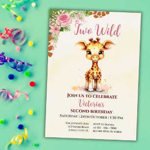 Two Wild Safari Cute Giraf Girl 2nd Birthday Invitation