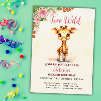Two Wild Safari Cute Giraf Girl 2nd Birthday Invitation