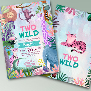 Two Wild safari jungle animals Girl birthday Invitation