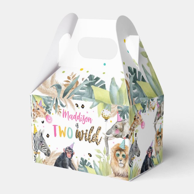 Two Wild Safari Party Animals Girl 2nd Birthday Favor Box (Front Side)