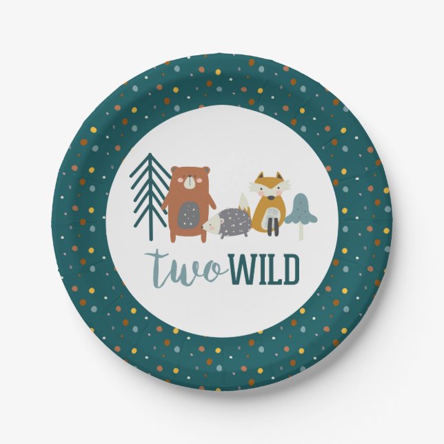 Two Wild Woodland Animal Second Birthday Paper Plate (Front)
