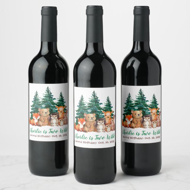 Two Wild Woodland  Forest Animals Second Birthday Wine Label (Bottles)