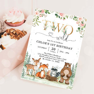 Two Wild Woodland Party Animals Girl 2nd Birthday  Invitation