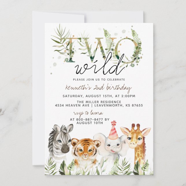 Two Wild Zoo Animal Birthday Invitation (Front)