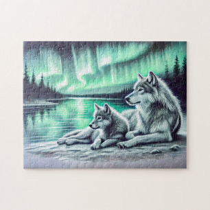 Two Wolves at the Waters Edge with Northern Lights Jigsaw Puzzle