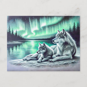 Two Wolves at the Waters Edge with Northern Lights Postcard